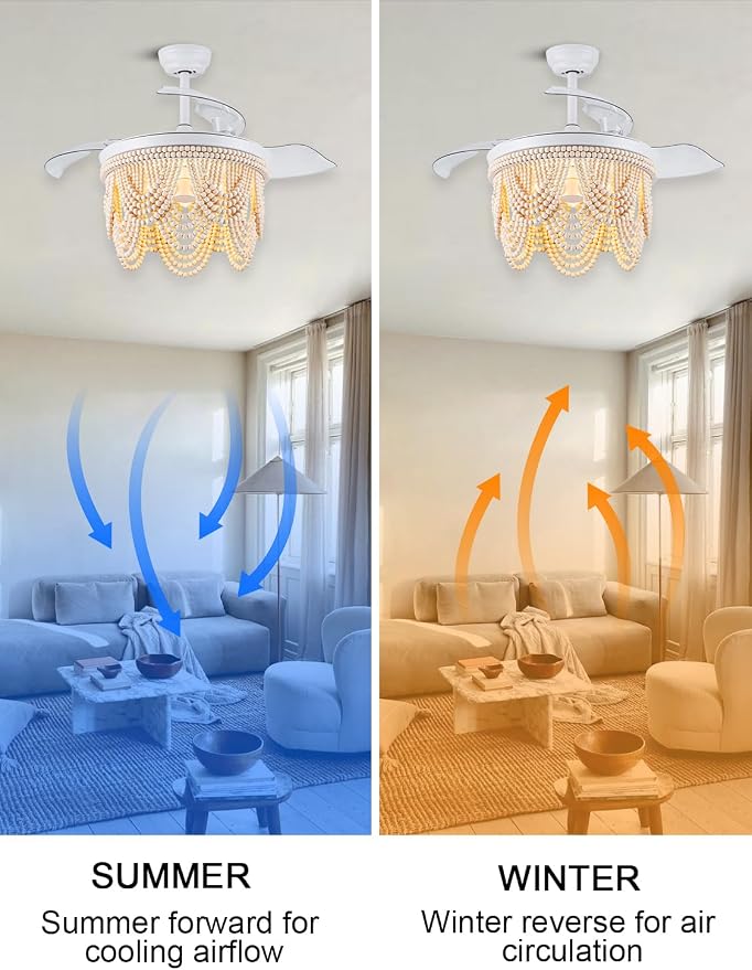 42 Inch Boho Ceiling Fan with Lights Retractable Chandelier Ceiling Fan Wood Beaded Coastal Chandelier for Bedroom Living Room White Fandelier 3 E26 Bulb, 6 Speeds Reversible Quiet DC Motor