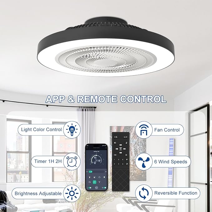 Depuley Modern Ceiling Fan with Light: 19" Flush Mount Low Profile LED Ceiling Fans with Remote & Smart APP Control - Black Bladeless Fandelier Dimmable Quiet DC Motor for Bedroom Kids Room 6 Speeds
