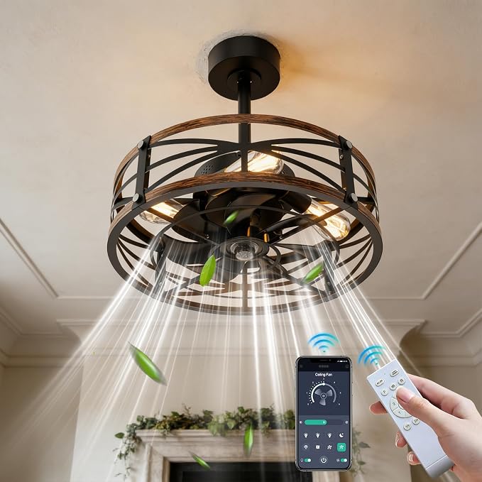 20" Caged Ceiling Fan with Light and Remote App Control, Rustic Round Downrod Mount Ceiling Fandelier Lights, 6 Speed and Reversible, Farmhouse Industrial Style for Bedroom, Kitchen