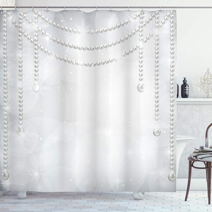 Ambesonne Pearls Shower Curtain, Diamonds Stones and Pearls Hanging Necklace Bridal Wedding Theme Image, Cloth Fabric Bathroom Decor Set with Hooks, 69" W x 75" L, Ivory Grey