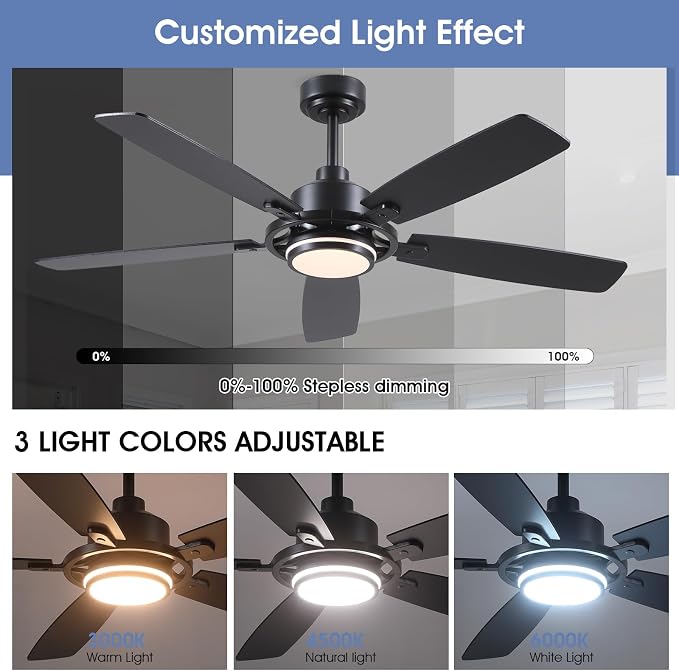 SHIHOT 54" Black Modern Ceiling Fans with Lights&Remote for Bedroom Kitchen | 6 Wind Speeds, Reversible, Dimmable 3 Light Colors LED Light, 30W Noiseless DC Motor,5 Double-Sided Blades,2H Timer