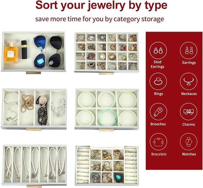 BOOVO Jewelry Boxes for Women, White and Black 6 Layer Large Jewelry Box for Necklace, Bracelet, Earrings, Rings Storage, Jewelry holder Organizer for Girls Gift (Grey and Gold, 6 layer)
