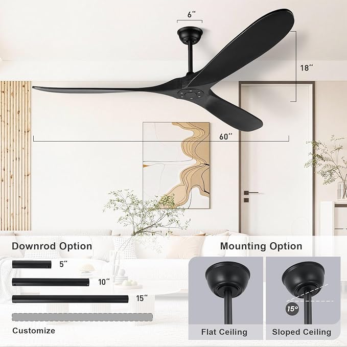 heimo 60 Inch Black Ceiling Fan No Light，Indoor Outdoor 3 Blade Wood Ceiling Fans Without Lights for Patios Bedroom Living Room Farmhouse Big Outside Fan for Sloped Angled Ceiling