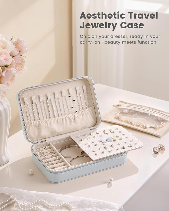 Lolalet Travel Jewelry Case for Women Girls, PU Leather Jewelry Organizer with Clear Storage Bag Small Portable Jewelry Box for Necklace Bracelet Earring Ring Birthday Bridesmaid Gifts -Large/Blue