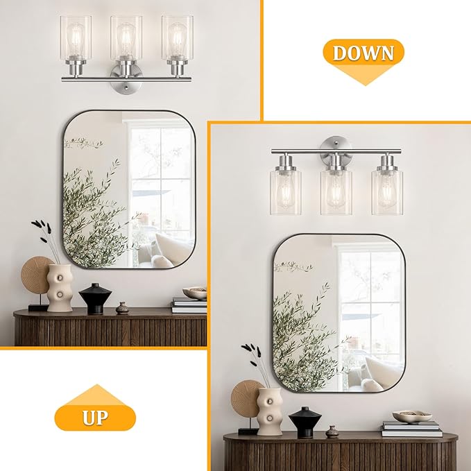 Unicozin Modern Bathroom Light Fixtures, 3 Light Vanity Lights with E26 Bulbs, Brushed Nickel Wall Lamp with Clear Glass for Mirror Living Room Hallway Cabinet Porch