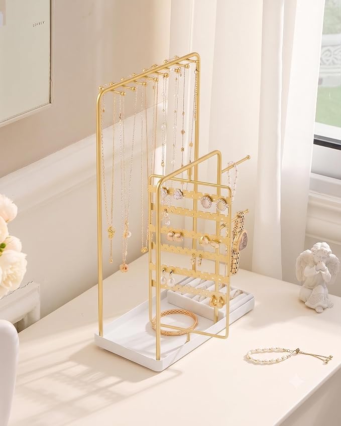 ProCase Jewelry Stand Holder Organizer and Storage, Gold, Large | Rotating Earring Bracelet Holder Storage, Hanging Jewelry Display Velvet Ring Tray, Teen Girls Birthday Gifts Room Dorm Decor