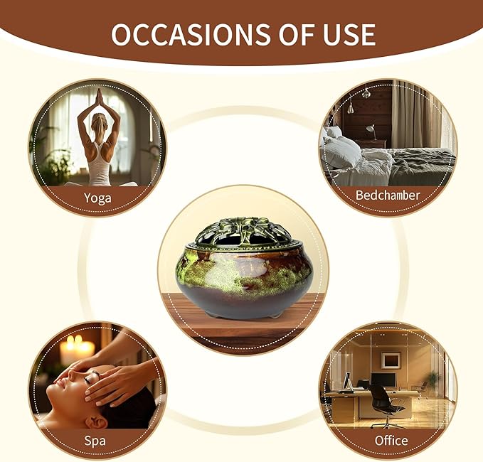 Ceramic Incense Burner, Bowl Burner,Cone Incense Burner with Brass lid for use with Stick or Cone-Shaped Incense，Lotus Incense Stick Holder Calabash Incense Stick Holder, 3pc (Fambe Green)