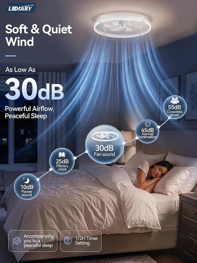 LEDIARY 30" Ceiling Fans with Lights and Remote, Low Profile,Large, White | 3000K-6000K Stepless Dimmable Fandelier, Reversible DC Motor, Remote and APP Control, Bedroom Kitchen Living Room Fan Light