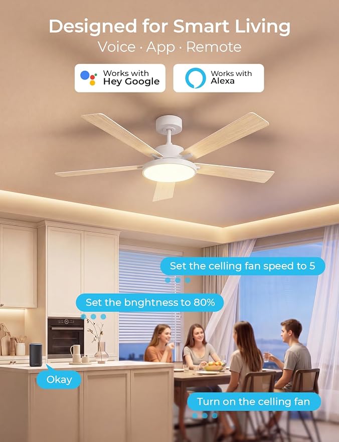 CINOTON Smart Ceiling Fan with Lights, 52'' RGBCW Ceiling Fan with Lights and Remote App Voice Control, Reversible DC Motor, 2600lm LED, 6 Speeds & 2 Fan Mode, Quiet Fan for Bedroom, Living Room White