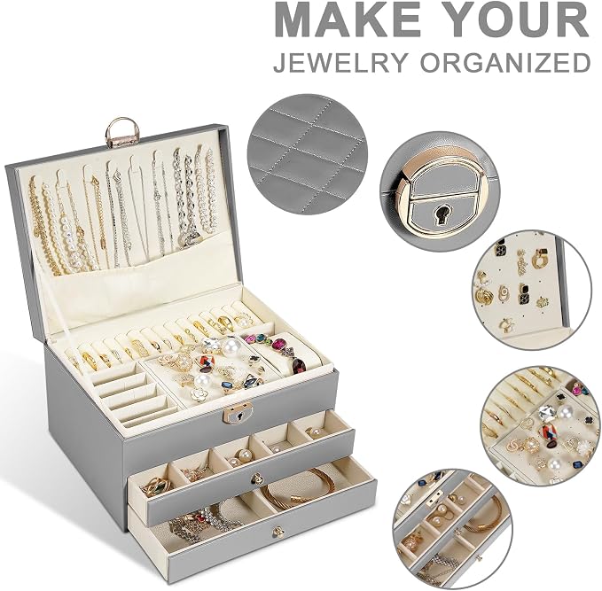 GUOER Jewelry Box for Women Girls, 3 Layers Large Jewelry Organizer (Grey) | Vintage Quilting Stitching PU Leather, Earrings Bracelets Rings Necklace Watches Storage Large Jewellery Holder Case Gifts