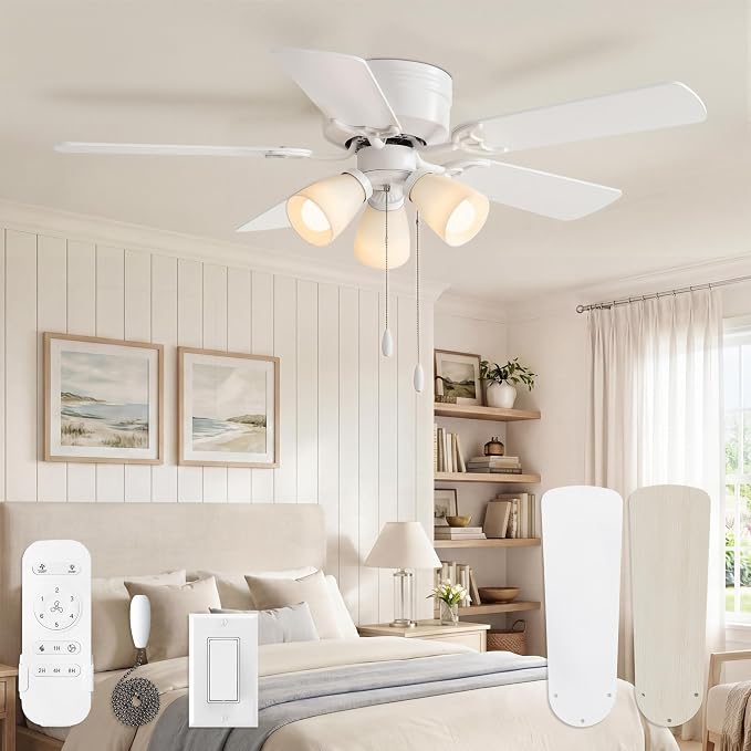 Fanbulous 44" White Flush Mount Ceiling Fan with Light & Remote, DC Motor | Shatterproof PP Shades, Pull Chain Control, Low Profile for Bedroom, Living Room, Kitchen