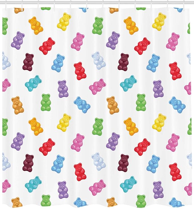 Ambesonne Sweets Shower Curtain, Colorful Gummy Bears Candy Yummy Jelly Playroom Theme, Cloth Fabric Bathroom Decor Set with Hooks, 69" W x 70" L, Pastel Yellow