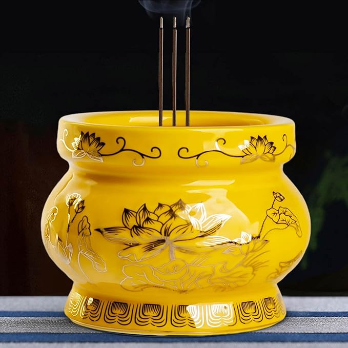 Houlu Small Yellow Ceramic Incense Burner Pot for Praying Buddha, Tibetan Buddhist Altar Worship Incense Censer - 4 Inches