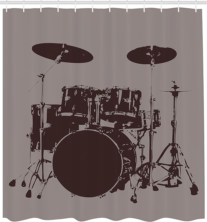 Ambesonne Music Shower Curtain, Grunge Drum Kit for Bass Rythm Lovers Ba Dum TSS Image Sketch, Cloth Fabric Bathroom Decor Set with Hooks, 69" W x 70" L, Taupe Black