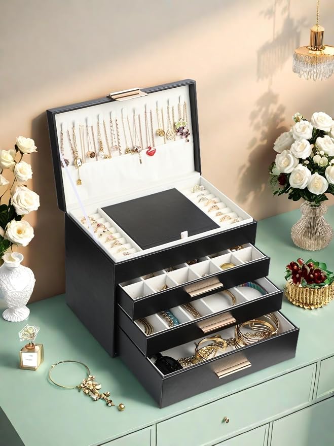 BOOVO Jewelry Boxes for Women, White and Black 6 Layer Large Jewelry Box for Necklace, Bracelet, Earrings, Rings Storage, Jewelry holder Organizer for Girls Gift (Black, 5 Layer)