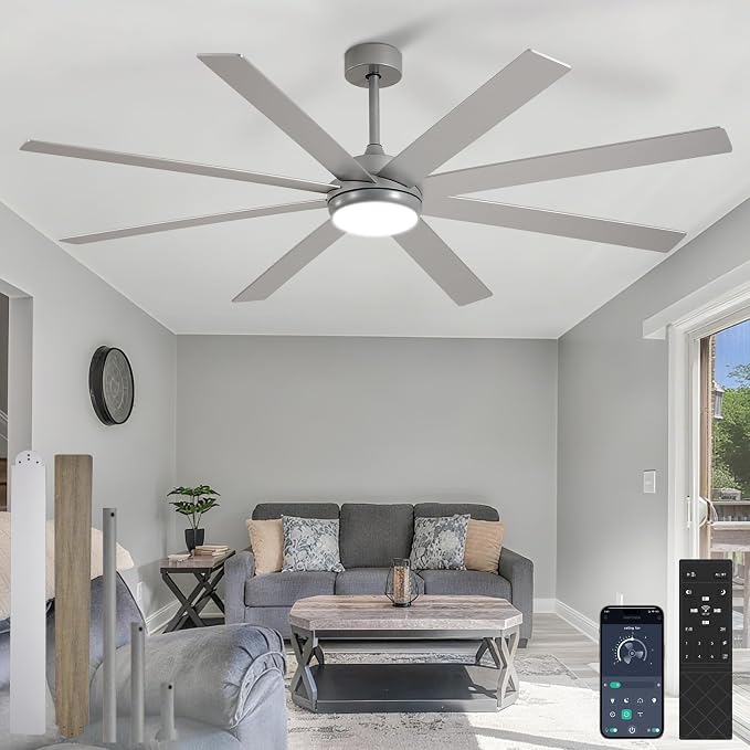 Depuley 66" Ceiling Fans with Lights: Large Indoor/Outdoor Ceiling Fan for Patios Living Room - 8 Blades Silver Dimmable Ceiling Fans with Remote APP Control Timer Reversible Quiet DC Motor 6 Speeds