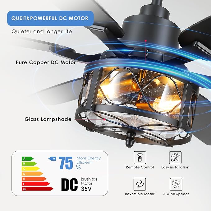 Hounberi 52" Farmhouse Ceiling Fans with Lights and Remote, Black Industrial Ceiling with Seeded Glass, 6-Speed Reversible DC Motor, Caged Ceiling Fans for Living Room Bedroom