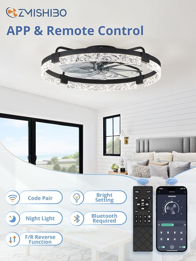 ZMISHIBO 24 Inch Flush Mount Ceiling Fan with Light and Remote, Modern Bladeless Ceiling Fan, Low Profile Enclosed Ceiling Fan for Bedroom Kids Room, 6 Speeds DC Motor, 3CCT Dimmable