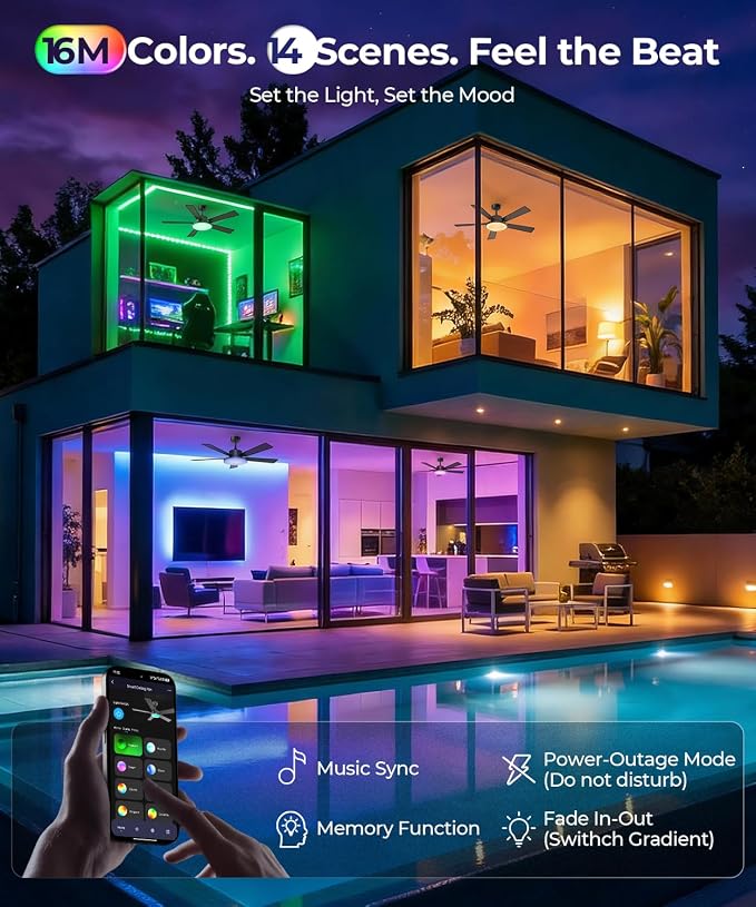 Ceiling Fan with Light,RGBCW Smart 52" Low Profile Ceiling Fan with Light and Remote,Alexa/Google/App Control,Reversible DC Motor,Dimmable,2500lm,Quiet Fan for Bedroom,Living Room Black
