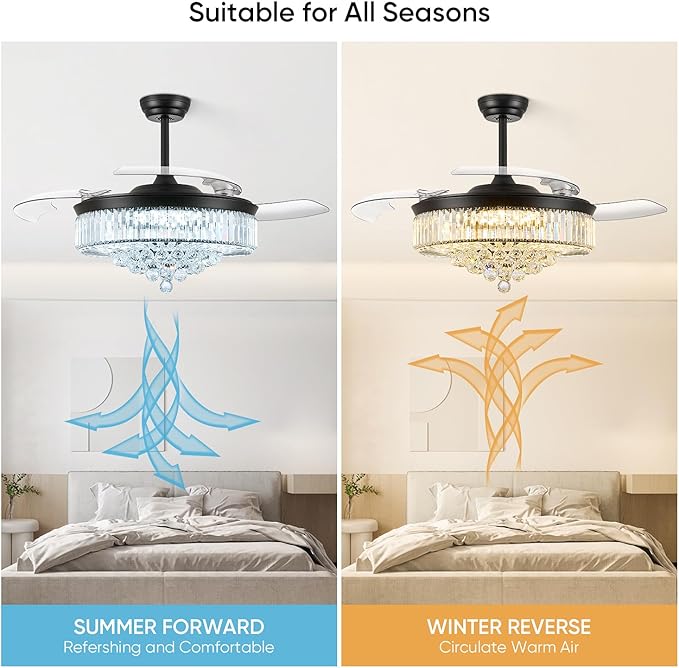 FIDGRA 52 Inch Fandelier Ceiling Fan with Light, Retractable Chandelier Fan, 3 Color Temperature, 6 Wind Speed, Crystal Ceiling Fan for Bedroom Living Room Dining Room-Black
