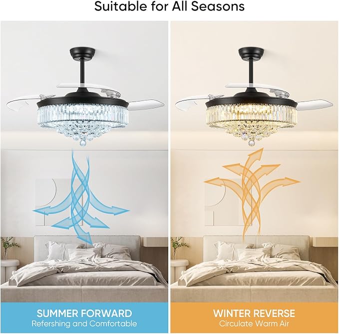 48 Inch Fandelier Ceiling Fans with Light, Chandelier Ceiling Fan, Retractable Ceiling Fan for Bedroom, Living Room, 3 Color Change, LED Dimmable, 6 Speeds, Reversible DC Motor- Black
