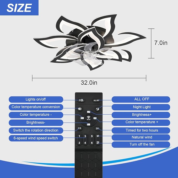 32" Black Flower Ceiling Fan with Light Remote Control, Low Profile Flush Mount Ceiling Fan for Kitchen Bedroom Living Room