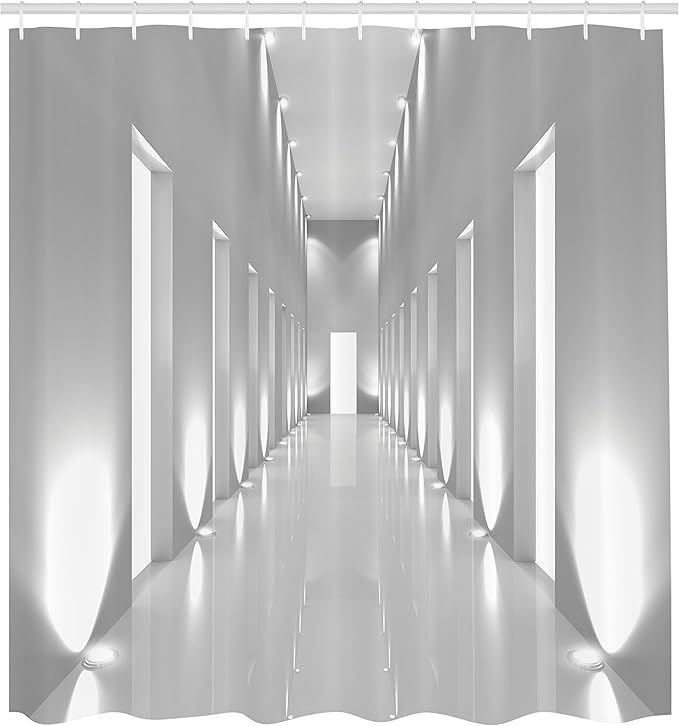 Ambesonne Modern Shower Curtain, Pattern of a Long Corridor in a Modern Office Building with a Contemporary Artwork, Cloth Fabric Bathroom Decor Set with Hooks, 69" W x 75" L, White Grey