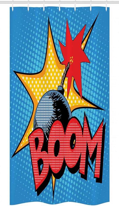 Ambesonne Vintage Stall Shower Curtain, Retro Style Design on Dotted Background Comics Pop Art Image Print Retro, Fabric Bathroom Decor Set with Hooks, 36" W x 72" L, Yellow Blue and Red