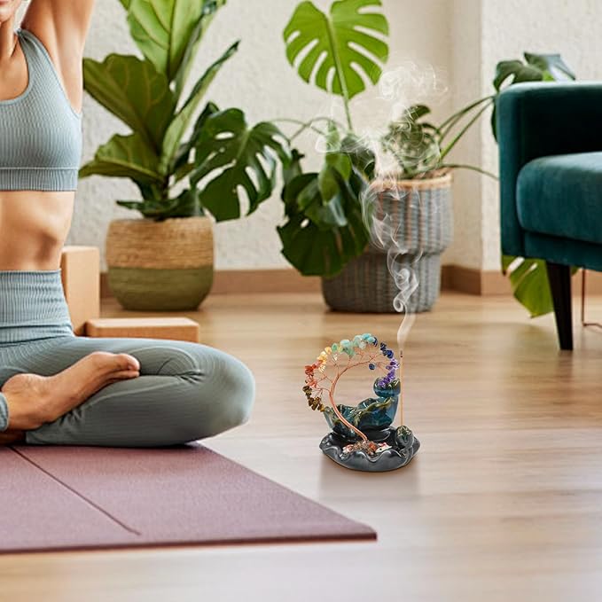 Backflow Incense Burner, Ceramic Incense Waterfall Burner with 7 Chakras Healing Crystals Tree Fountain Incense Holders for Yoga Meditation Home Decor