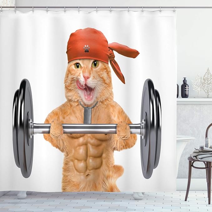 Ambesonne Funny Shower Curtain, Fitness Cat Lifting a Big Dumbbell Muscled Kitty Body Building Gym Humor Image, Cloth Fabric Bathroom Decor Set with Hooks, 69" W x 75" L, Brown Grey