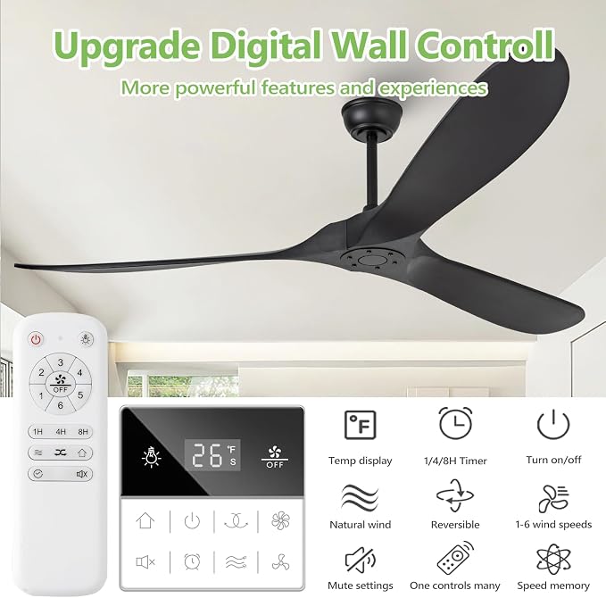 72 Inch Solid Wood Ceiling Fans Without Lights,Propeller Outdoor Ceiling Fans Without Lights with Wall Switch and Remote,Quiet DC Motor,3 Blades Ceiling Fan for Patios,Large Ceiling Fan