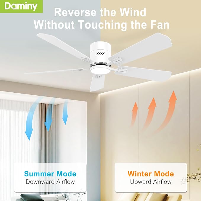 DAMINY 52 inch 5 Blades White Ceiling Fans with Lights,Flush Mount,6CCT, Low Profile Ceiling Fan with Light and Remote Control,DC Motor,Ceiling Fan for Bedroom, Kitchen,Living Room,Indoor/Outdoor Use