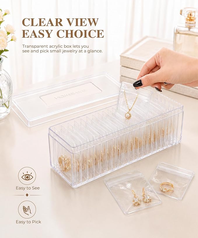 HOMEHIVE Acrylic Jewelry Box Organizer, Clear Jewelry Organizer and Storage with 20 Portable Anti Tarnish Jewelry bags, Travel Jewelry Case for Earrings/Rings/Necklaces Gifts for Women Girls, Clear