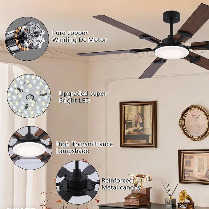 NKPU 66 Inch Brown Ceiling Fan with Lights, Modern Large Ceiling Fan with Remote & APP Control, Reversible DC Motor, 6 Double-Sided Blades, 6 Speeds, Silent, Timer, for Living Room Indoor & Outdoor