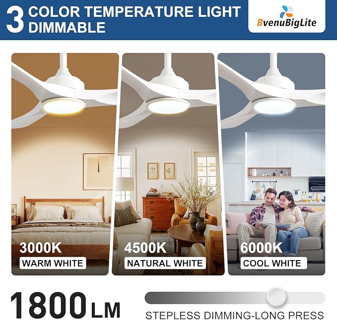 Outdoor Ceiling Fan with Light: 52 Inch 3 Blade Outdoor Fans for Patios - Modern White Ceiling Fan with Dimmable Light Remote APP Control Ultra Quiet Reversible DC Motor Timer