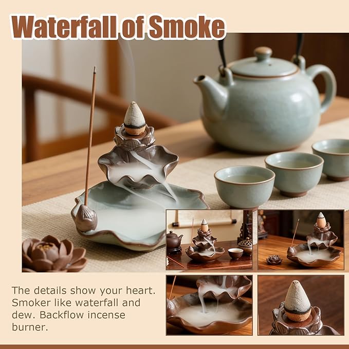 Waterfall Incense Burner, Lotus Backflow Incense Holder Ceramic Censer Cones Sticks Porcelain Holder for Home Décor, Meditation, Yoga, Spiritual Rituals (Brown)