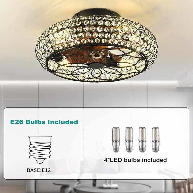 Caged Crystal Ceiling Fans with Lights and Remote,18.8" Flush Mount Low Profile Ceiling Fan with Light,6 Speed Enclosed Ceiling Fan with Reversible Motor for Bedroom Kitchen Living Room