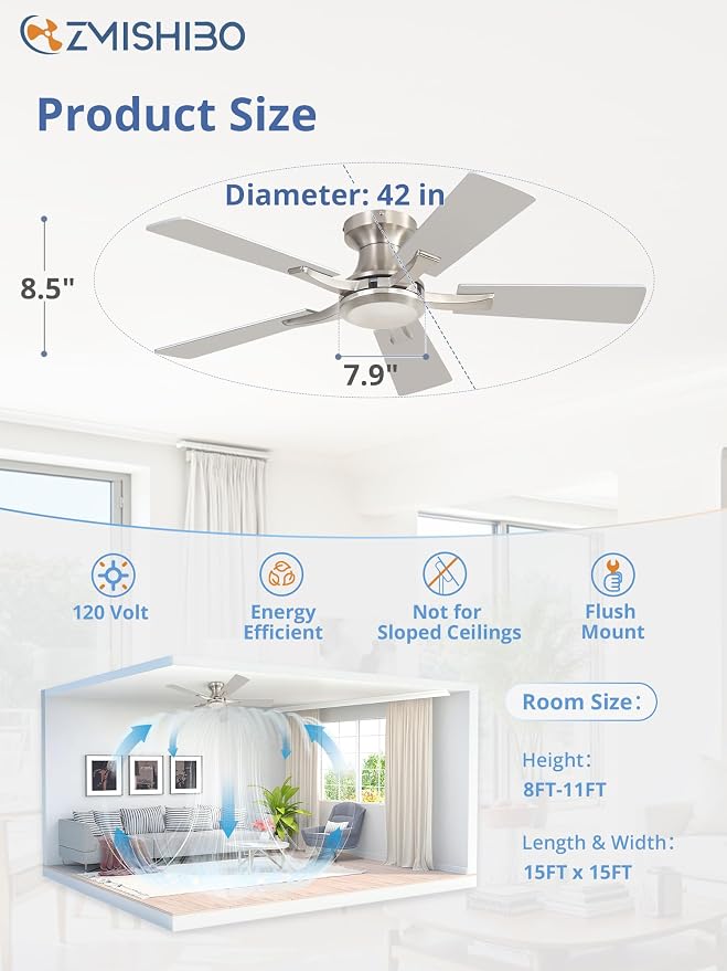 ZMISHIBO 42 Inch Ceiling Fan No Light, Flush Mount Low Profile, Modern Nickel Ceiling Fan Without Light, Remote Control & Quiet DC Motor, for Indoor&Outdoor, Bedroom, Living Room