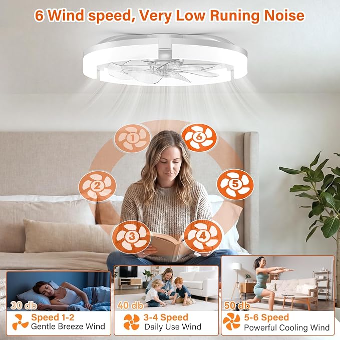 Ceiling Fans with Lights and Remote, 20'' Low Profile Ceiling Fan with APP Control, 3000K-6500K Dimmable, Quiet Reversible DC, Modern Flush Mount Fandelier for Bedroom (White-Frosted)