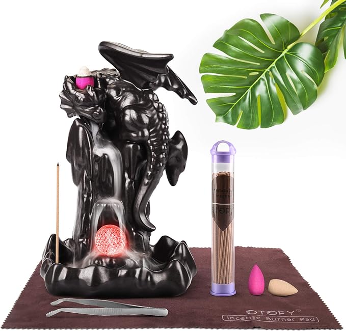 OTOFY Handmade Backflow Incense Burner Waterfall Incense Holder with 90 Incense Cones + 50 Incense Sticks Sets, Aromatherapy Ornament Home Decor Gift Decorations Statue(Black Brown led Dragon)
