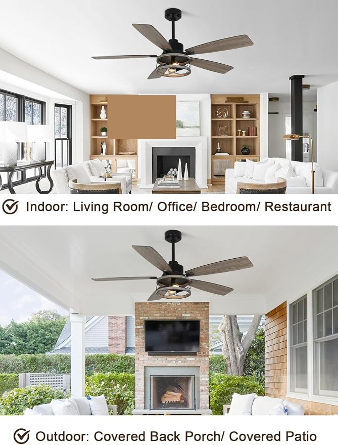 52" Farmhouse Ceiling Fan with Lights and Remote Rustic Fandelier | Wood Caged Fandalier Industrial Chandelier, for Bedroom Living Room, Reversible DC Motor 6 Speed, 3 E26 Bulbs (Not Included)