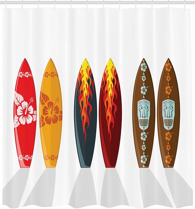Ambesonne Surfboard Shower Curtain, Boards Hawaiian Patterns and Active Full of Life Summer Swim Composition Print, Cloth Fabric Bathroom Decor Set with Hooks, 69" W x 75" L, Burgundy Brown