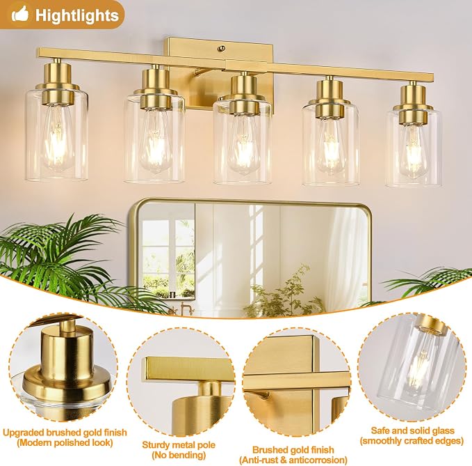 Indoi 5-Light Bathroom Light Fixtures, Brushed Gold Modern Vanity Lights with Clear Glass Shades, Bathroom Wall Lamp for Mirror Living Room Cabinet Bedroom Porch