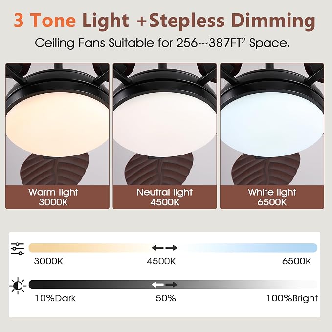GJeg Tropical Ceiling Fans with Lights and Remote,52Inch Outdoor Palm Leaf Ceiling Fan for Patios Porch Bedroom, Dimmable LED Light, 6 Speeds, Reversible,Dark Brown