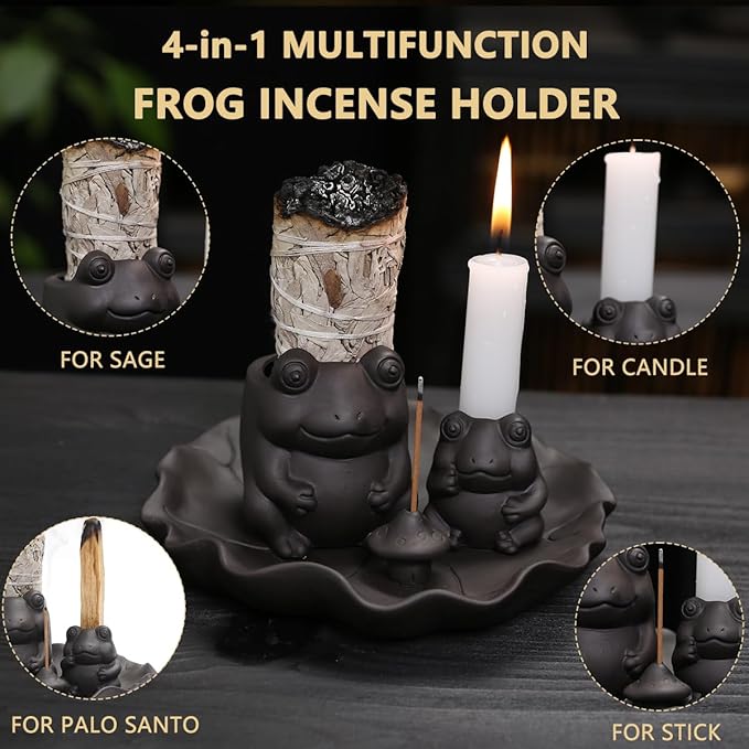 ChangWanna Multifunction 4 in 1 Frog Incense Holder, Palo Santo Holder, Sage Holder, Ceramic Incense Stick Holder for Burning - Cute Ash Catcher Tray for Yoga/Meditation/Home Room Office Decor, Black