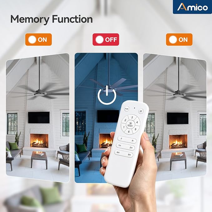 Amico 72 Inch Outdoor Ceiling Fan No Light with Remote, Large Black Ceiling Fan Without Light, Quiet Reversible DC Motor, 6 Speeds, Timer, 8 Blades for Living Room, Covered Patio, Porch, Garage