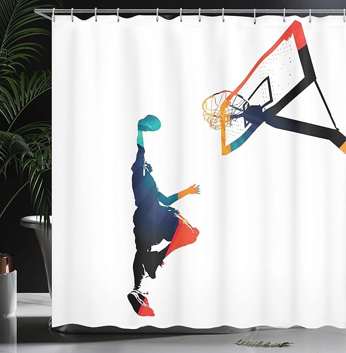 Ambesonne Sports Shower Curtain, High Contrast Silhouette Artwork of an Athlete Slam Dunking Basketball, Cloth Fabric Bathroom Decor Set with Hooks, 69" W x 70" L, Turquoise Orange