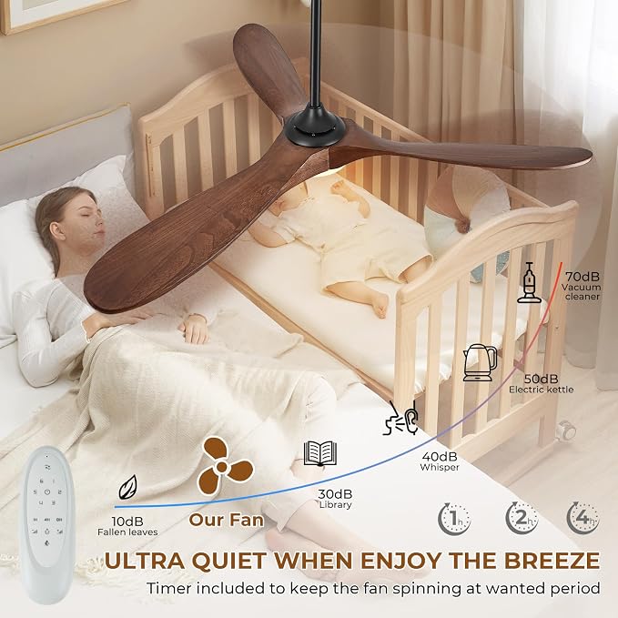 60" Outdoor Ceiling Fans with Lights and Remote Control, 3 Blade Ceiling Fan with Lights High CFM Quiet Wood Walnut Outdoor Fan, Propeller Ceiling Fan for Outdoor/Indoor/Patio,Deep Walnut