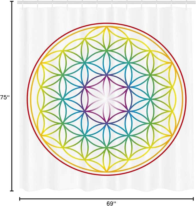 Ambesonne Colorful Shower Curtain, Flower of Life Pattern Radiant Colors Cosmic Dimension Space Forms Print, Cloth Fabric Bathroom Decor Set with Hooks, 69" W x 75" L, White Plum Earth Yellow