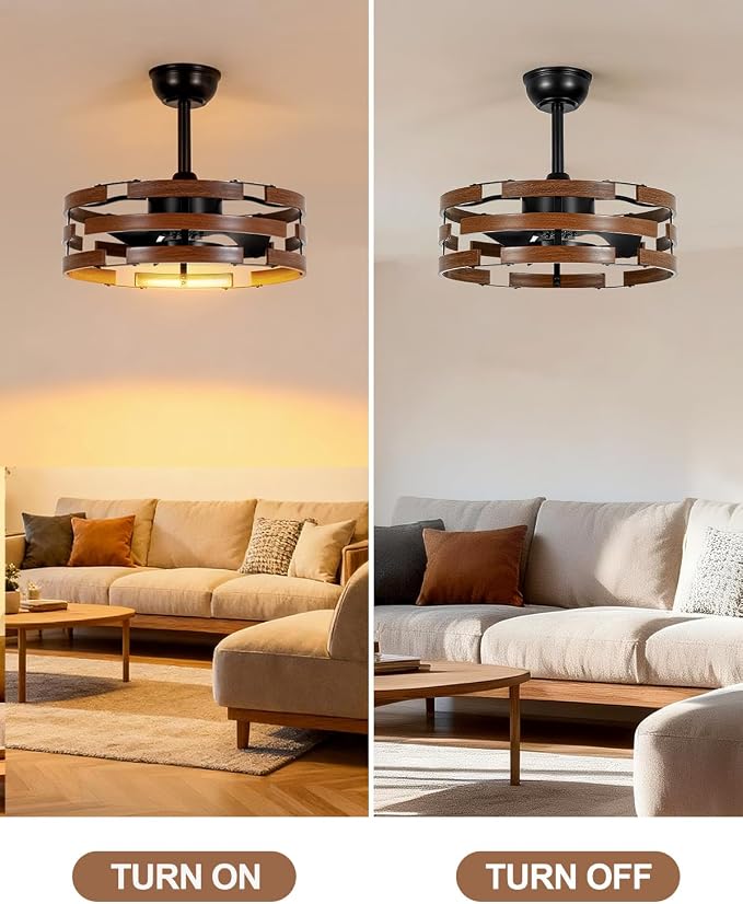 Roomratv Farmhouse Fandelier Ceiling Fan with Lights, 20'' Caged Bladeless Ceiling Fan with Remote, Enclosed Small Fan Light Fixtures for Bedroom Living Room